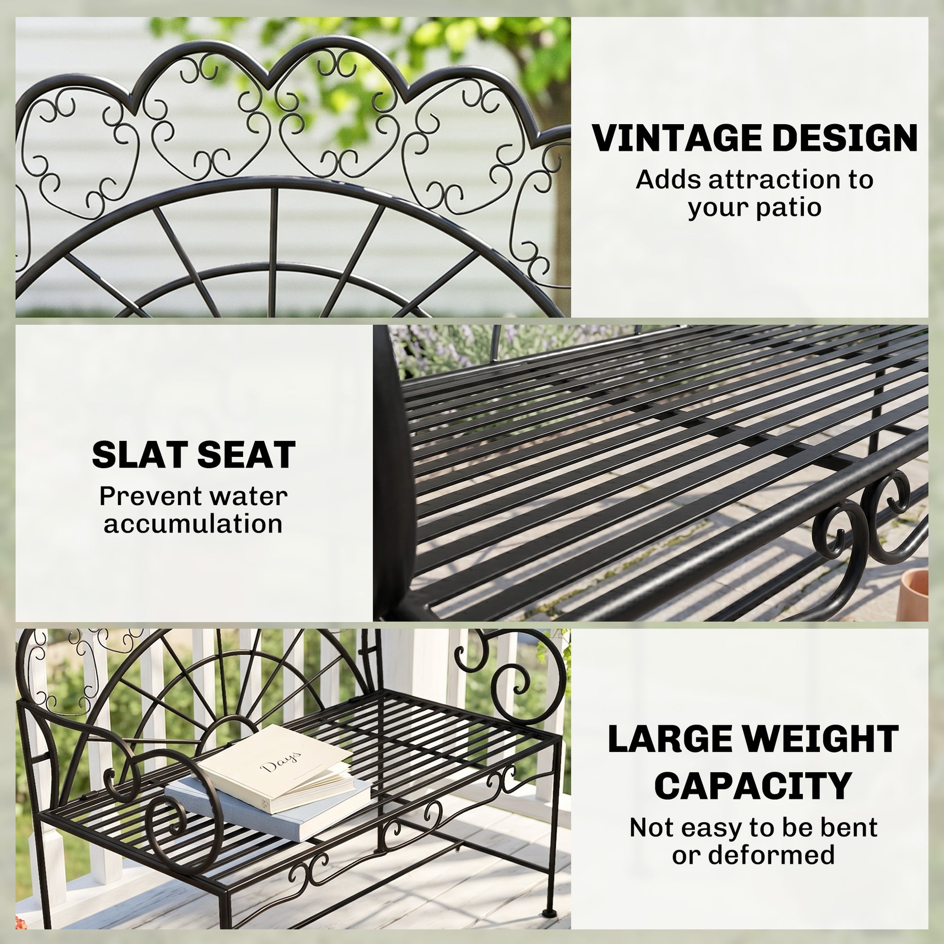 Outsunny Metal Garden Bench Loveseat with Slatted Seat, Black