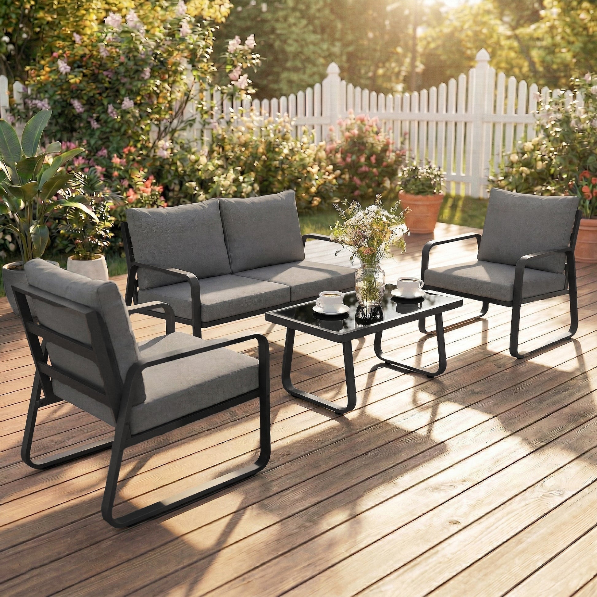 Sorrento 4 Piece Garden Sofa Set with Loveseat, 2 Armchairs, Coffee Table and Cushions