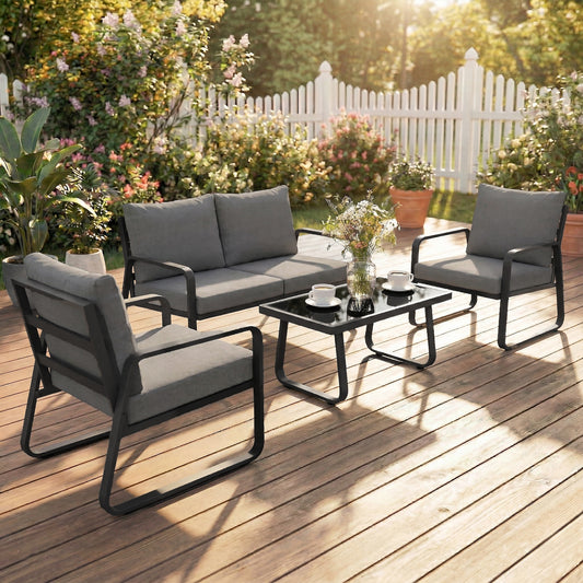Sorrento 4 Piece Garden Sofa Set with Loveseat, 2 Armchairs, Coffee Table and Cushions