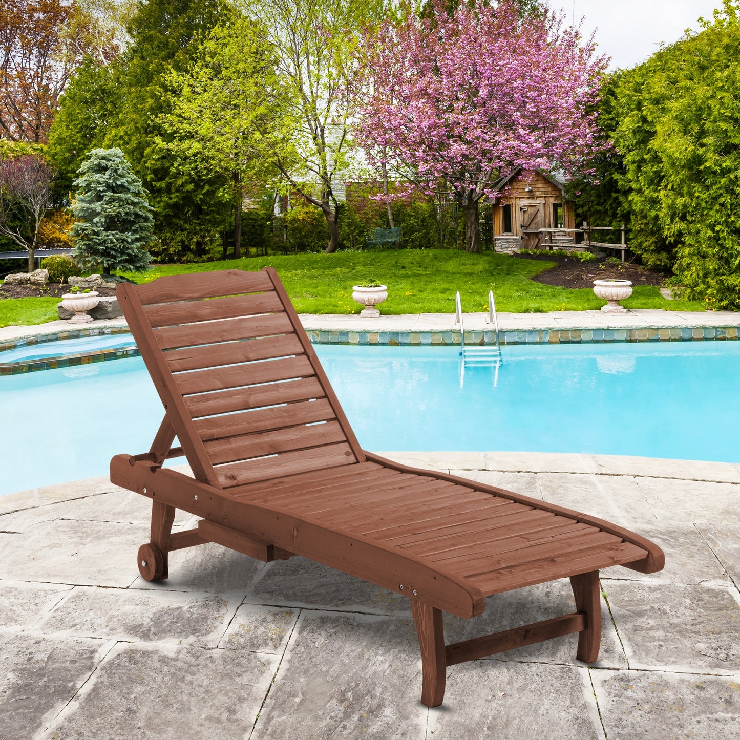 Portofino Outdoor Wooden Lounger Chair, Sun Bed with Built-In Table, Adjustable Backrest and Wheels, Red Brown