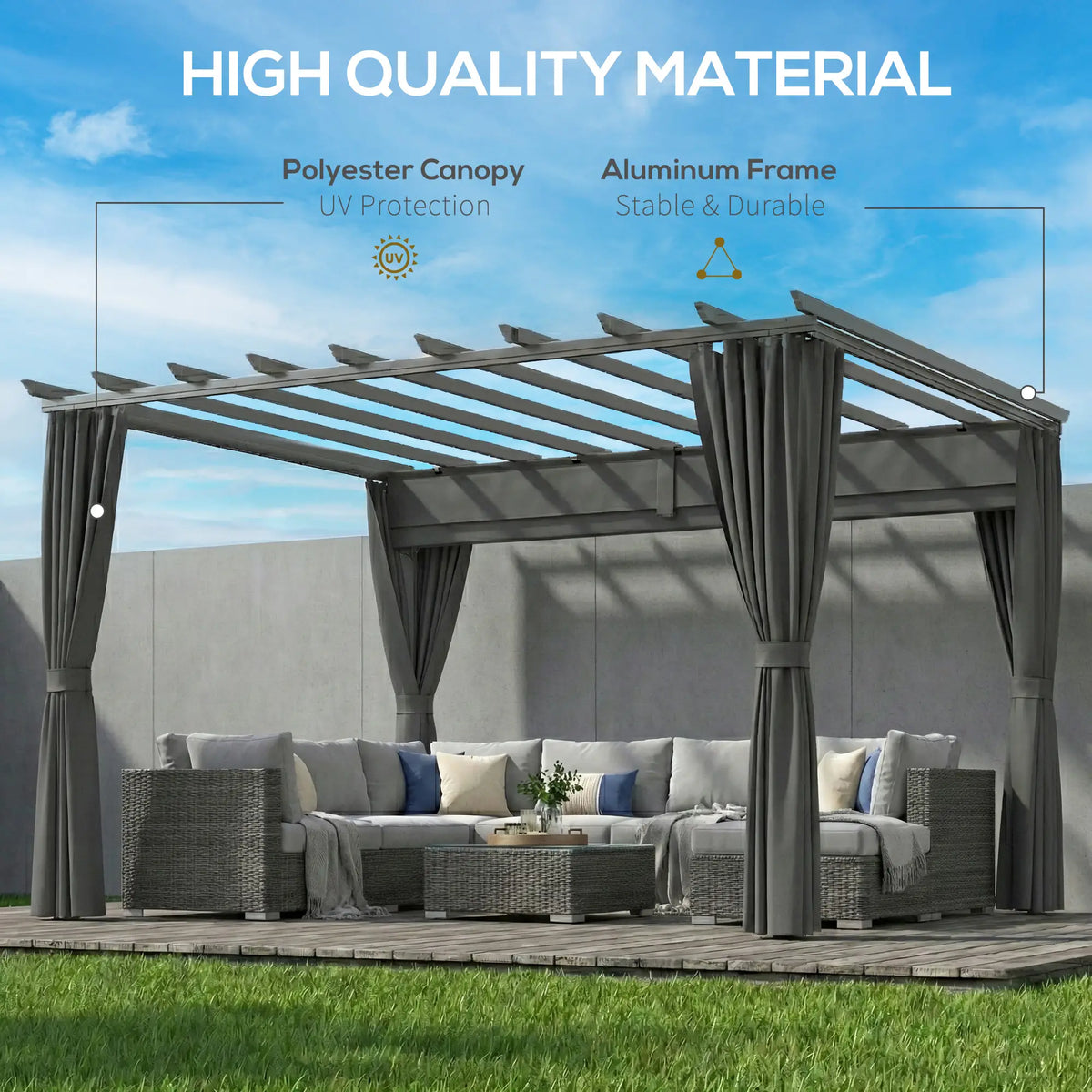 3.6x3m Aluminium Garden Pergola with Retractable Roof Canopy & Curtains – Modern Outdoor Sun Shade Shelter, Weather – Resistant Patio Cover, Dark Grey