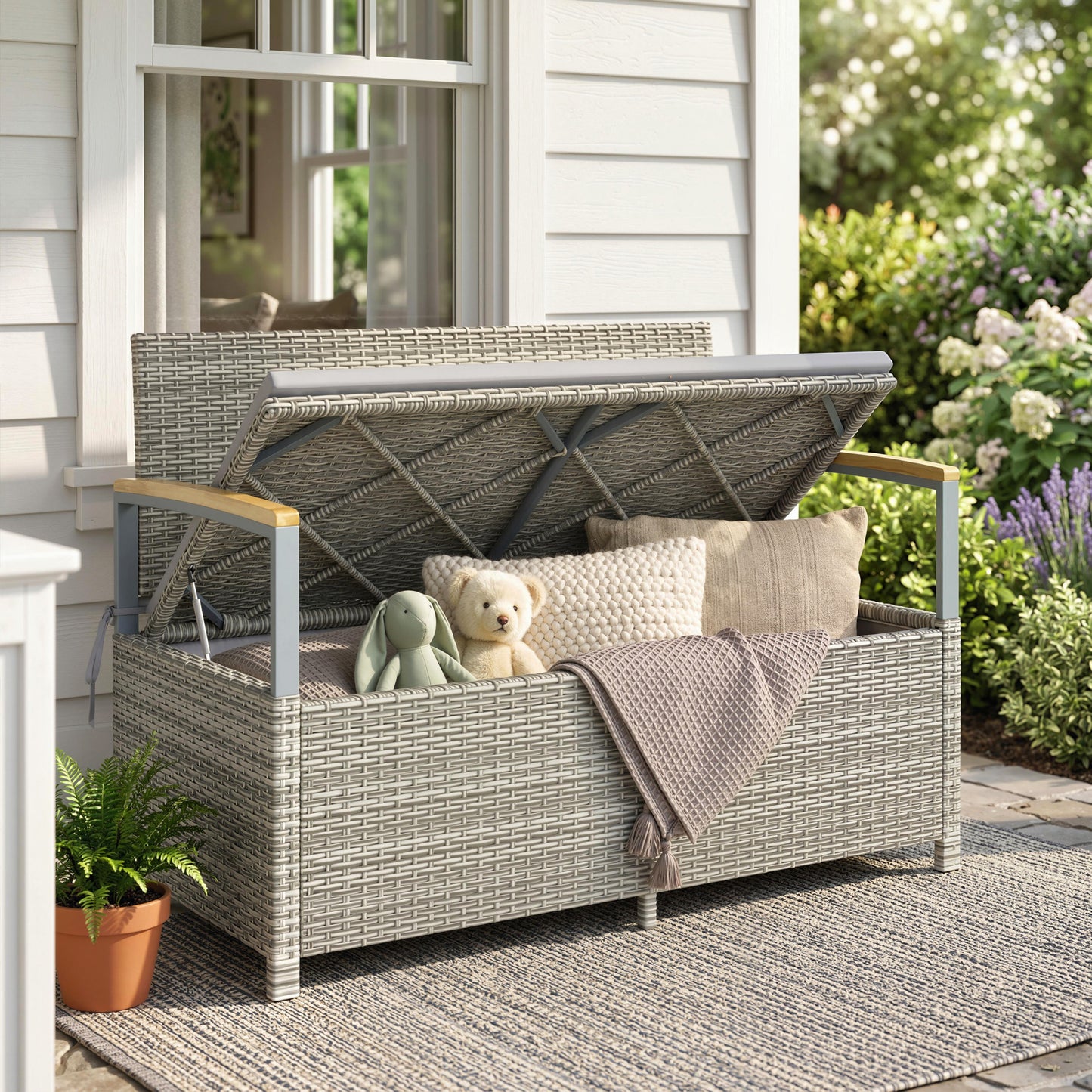 Outsunny 170 L Garden Storage Bench with Zipped Liner, 2 Seater Rattan Garden Bench with Storage, Gas Strut, Cushion, Light Grey