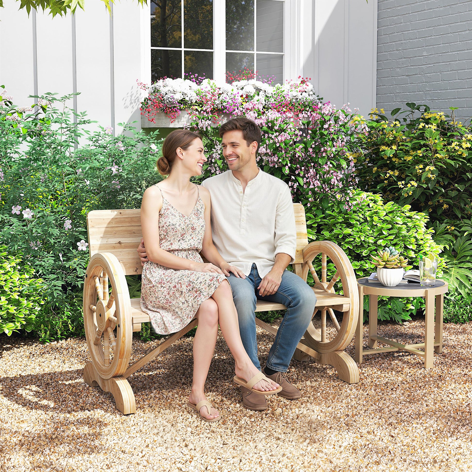Amalfi Fir Wood 2-Seater Garden Wagon Wheel Bench, Natural Wood Finish