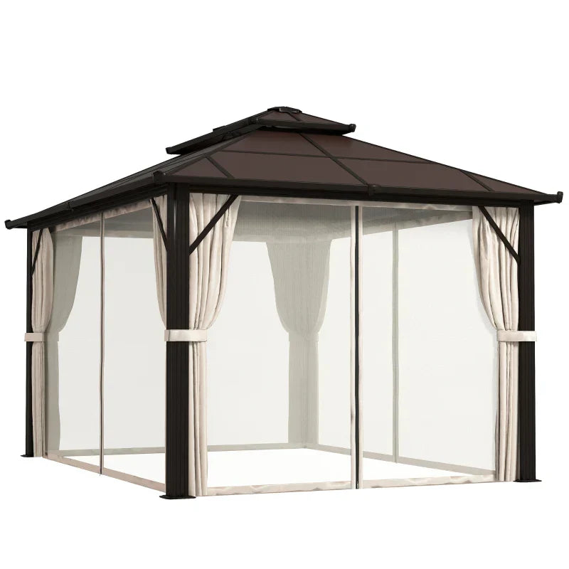4m x 3m Beige Permanent Hardtop Gazebo – UPF30+ Polycarbonate Double Roof Pavilion with Aluminium Frame, Curtains & Mosquito Netting for Garden, Patio & Deck