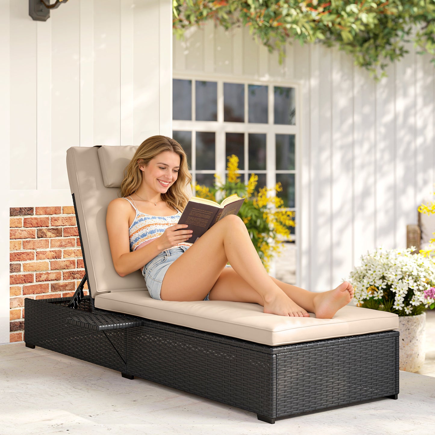 Mediterraneo Rattan Sun Lounger with 5-Level Reclining Back Side Tray and Cushion, Black