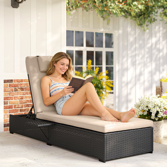 Mediterraneo Rattan Sun Lounger with 5-Level Reclining Back Side Tray and Cushion, Black