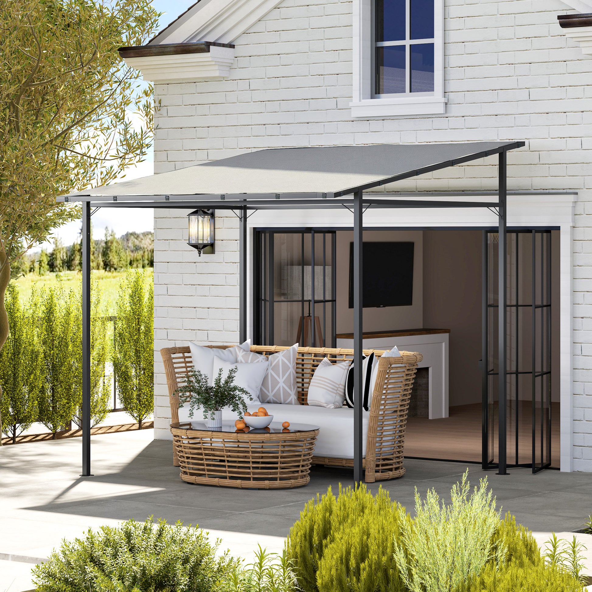 2.4 x 2.4 m Wall Mounted Pergola Gazebo with PA Coating Fabric, Metal Frame, UPF30+, Lean to Garden Gazebo