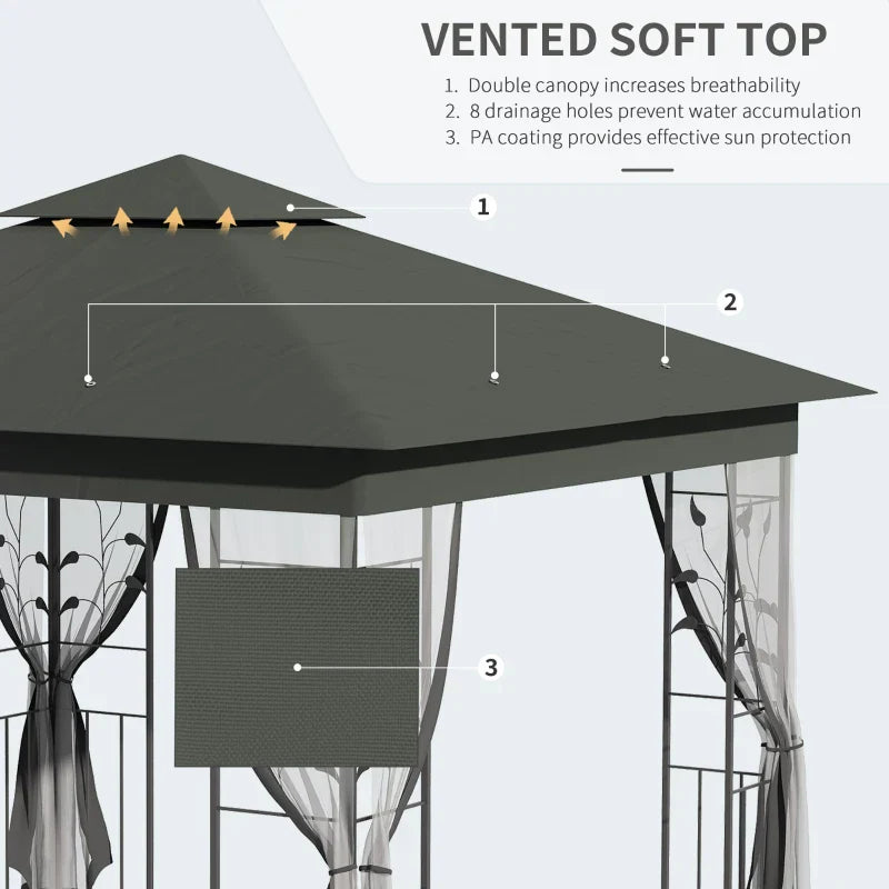 3m x 3m Grey Steel Frame Garden Gazebo – Double Tier Canopy Shelter with UV Protection, Mesh Curtains & Outdoor Party Pavilion