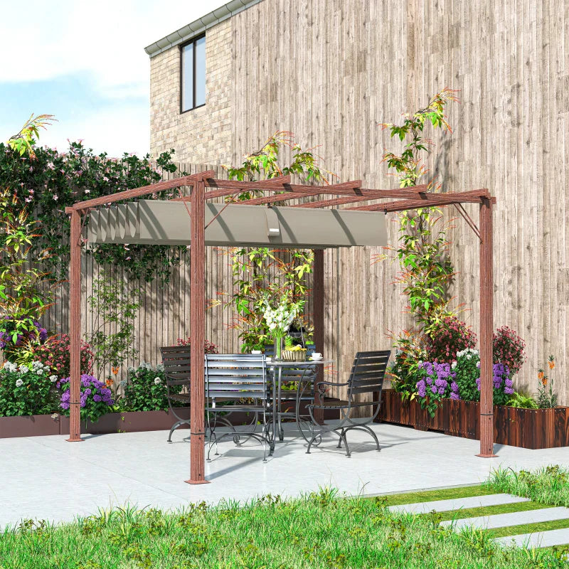 3m x 3m Retractable Roof Pergola – Natural Wood Effect Finish, Outdoor Garden Shade Canopy Shelter