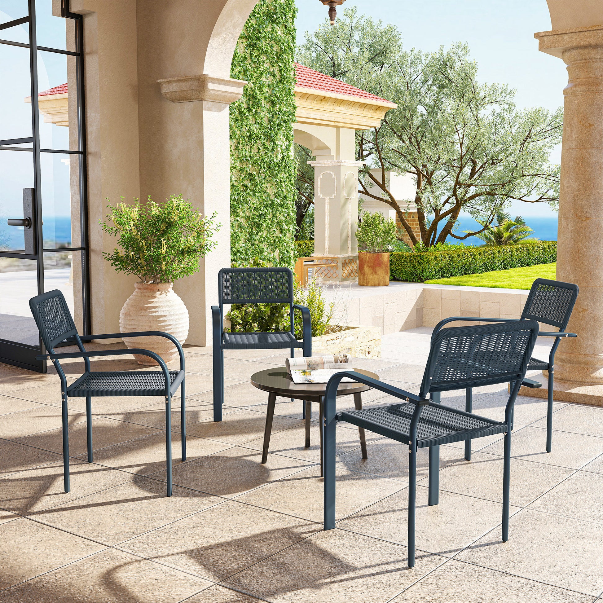 Mediterraneo Garden Chairs Set of 4, Stackable Rattan Effect Dining Chairs with Armrest