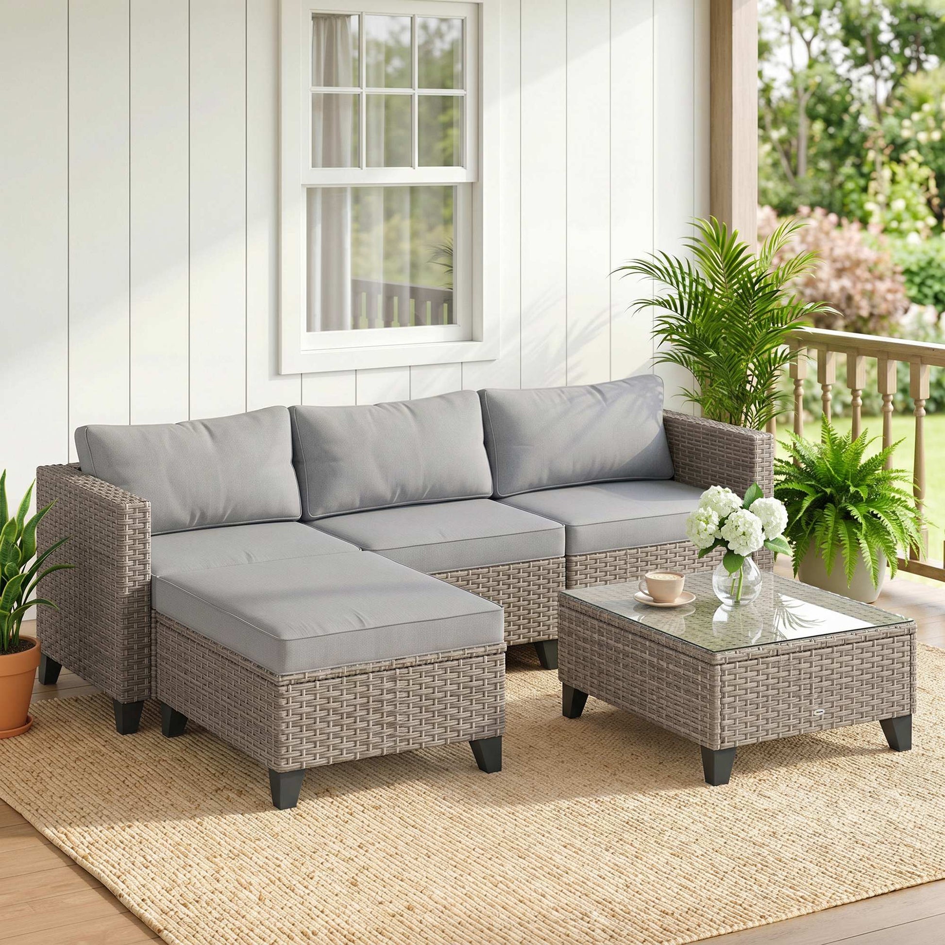 Marbella 5-Piece Rattan Garden Furniture Set with Corner Sofa, Footstools, Coffee Table, for Poolside, Brown
