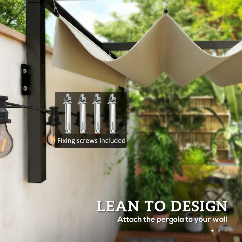 2m x 3m Lean – To Steel Pergola – Khaki Adjustable Canopy Roof, Wall Mounted Patio Shade Shelter