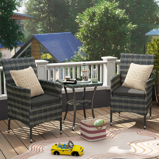 Monaco 3 Piece Rattan Bistro Set, Wicker Garden Furniture Set with 2-Tier Coffee Table and Chairs