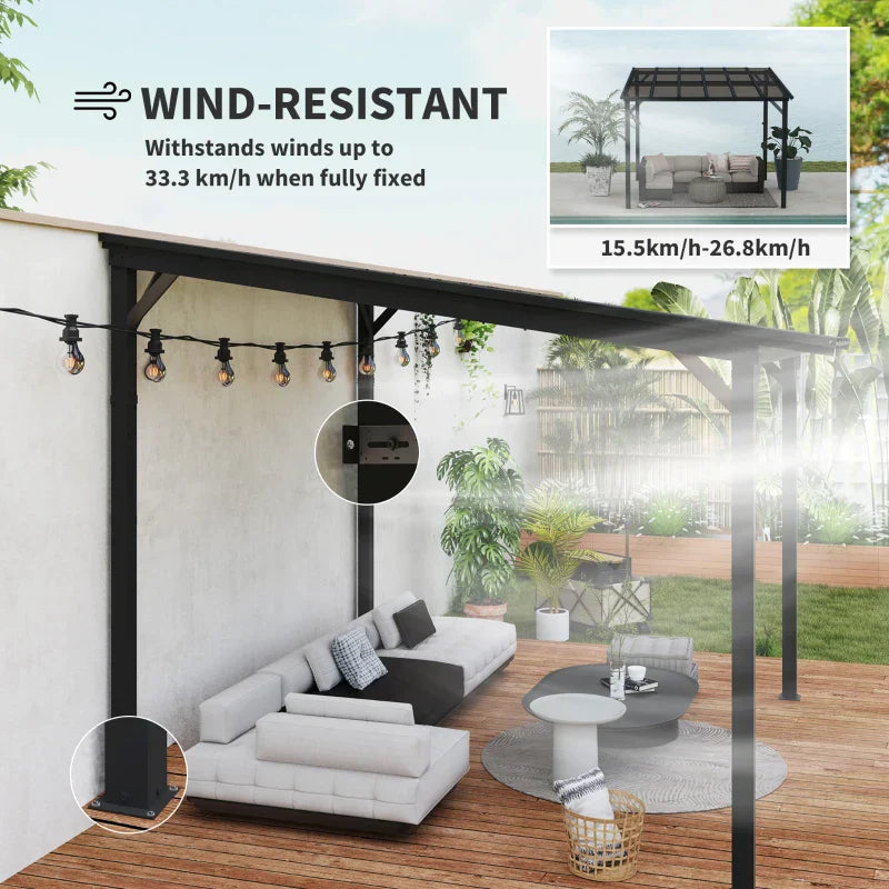3m x 3m Metal Pergola – Dark Grey Waterproof Polycarbonate Roof UPF50+, Wall Mounted or Freestanding Garden Gazebo, Wind Resistant Sun Shelter
