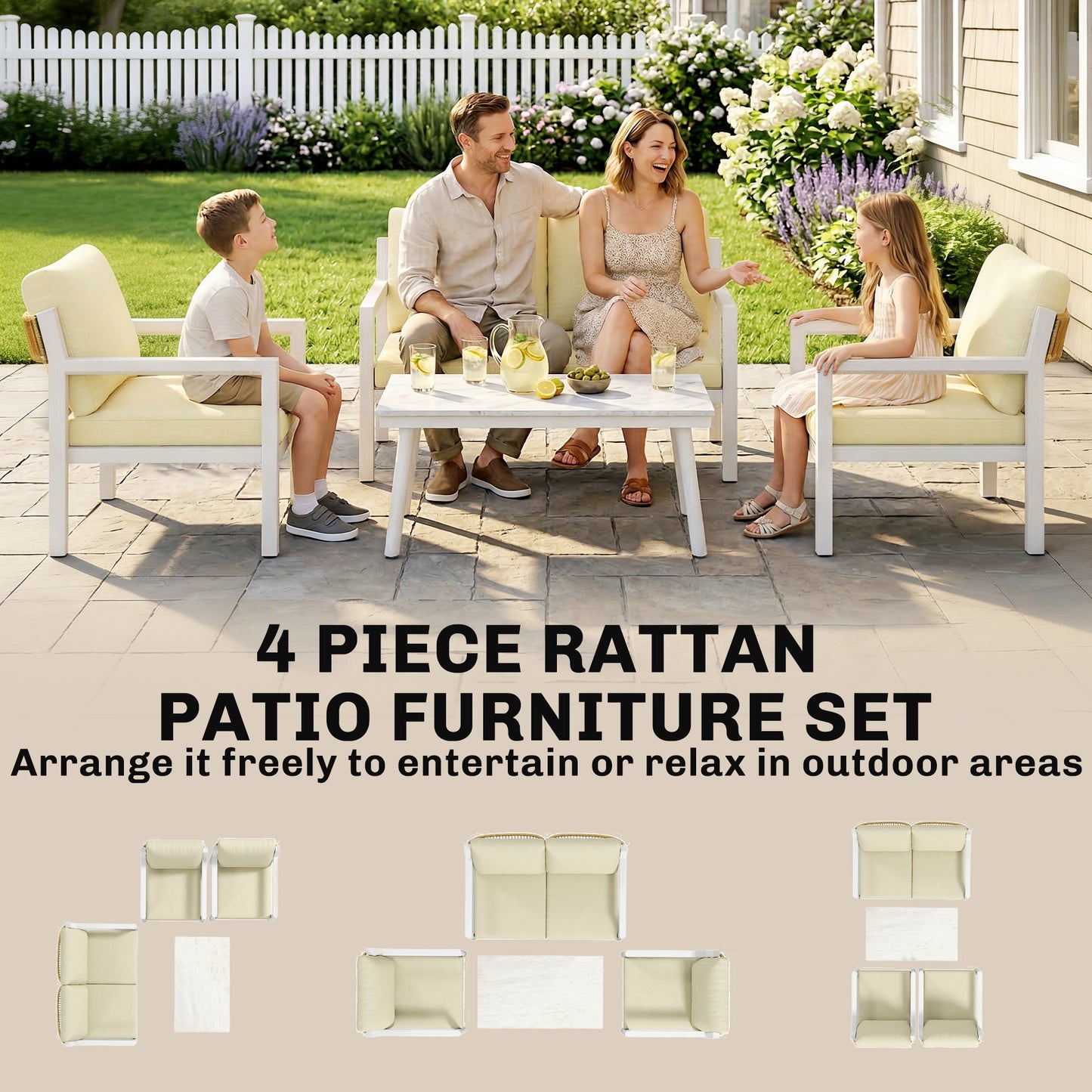 Outsunny 4 Seater Rattan Garden Furniture Set with 2 Armchairs, Loveseat, Coffee Table, Garden Sofa Set with Cushions, Cream