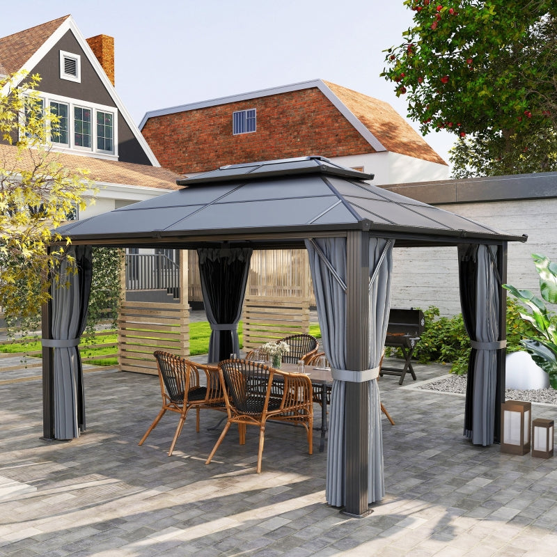 4m x 3m Grey Aluminium Hardtop Gazebo Pavilion – UPF30+ Polycarbonate Roof Outdoor Garden Shelter with Privacy Curtains & Insect Netting