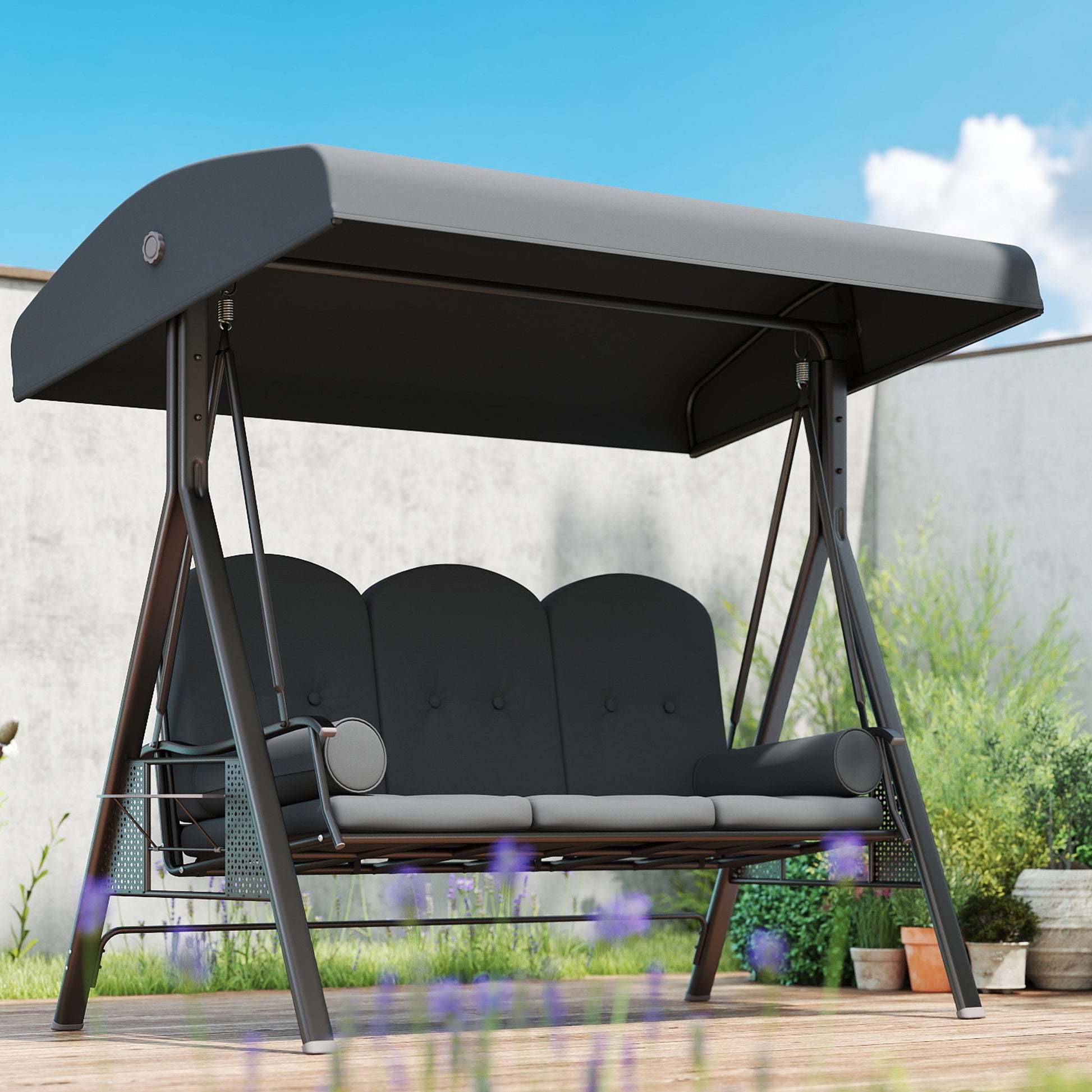 Santorini 3 Seater Garden Swing Chair Outdoor Hammock Bench w/ Adjustable Canopy, Cushions and Cup Trays