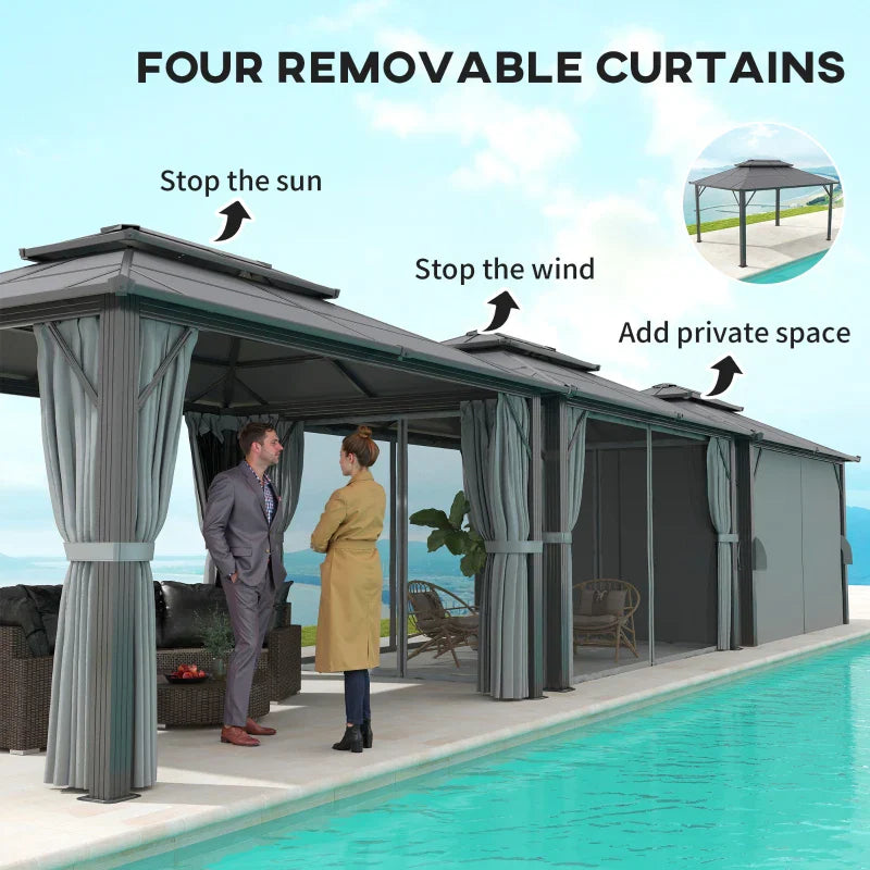 4m x 3m Grey Aluminium Hardtop Gazebo Pavilion – UPF30+ Polycarbonate Roof Outdoor Garden Shelter with Privacy Curtains & Insect Netting