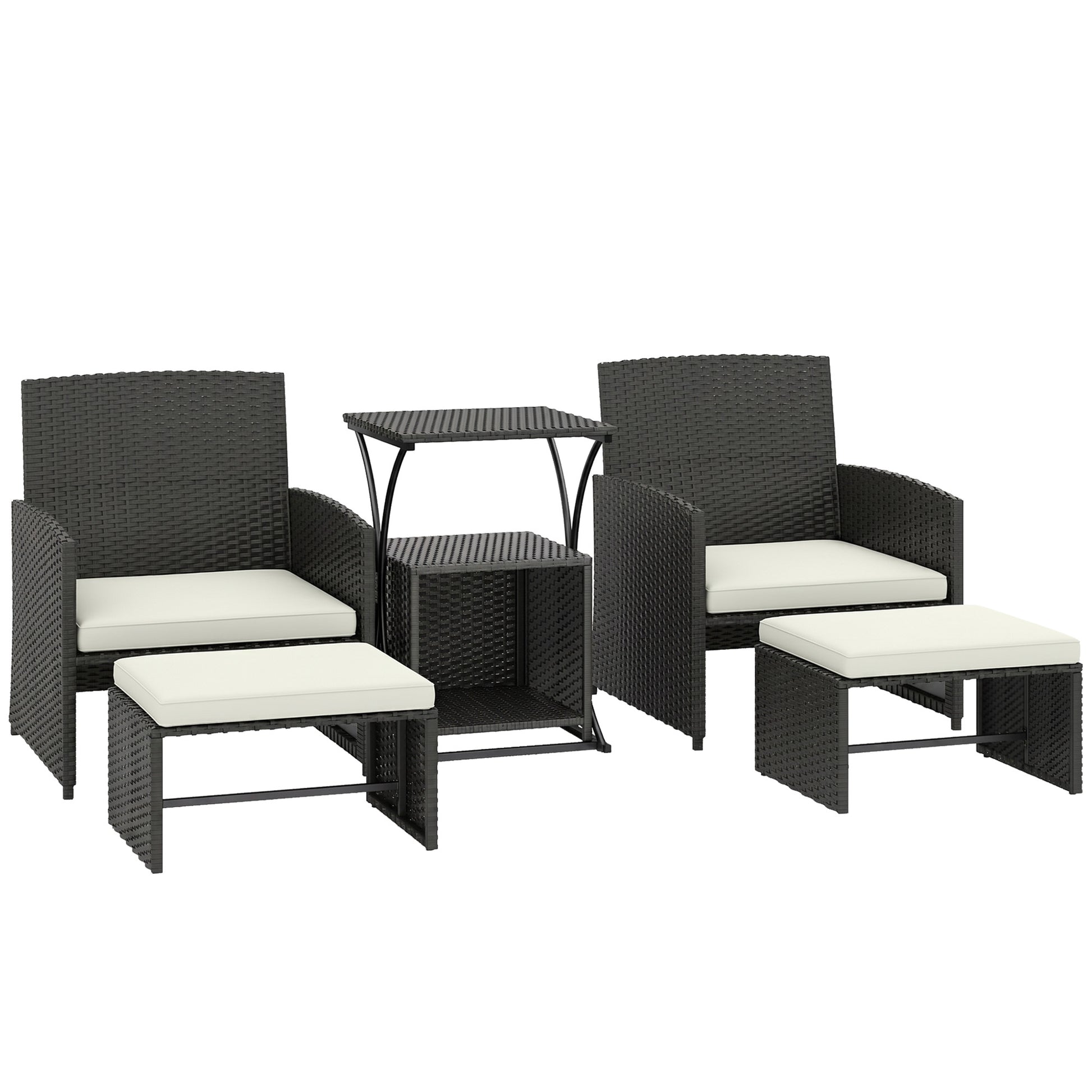 Outsunny 6 Piece Rattan Garden Furniture, Space-Saving Patio Furniture Set with Nesting Tables, Chairs, Stools, Cushions, Black