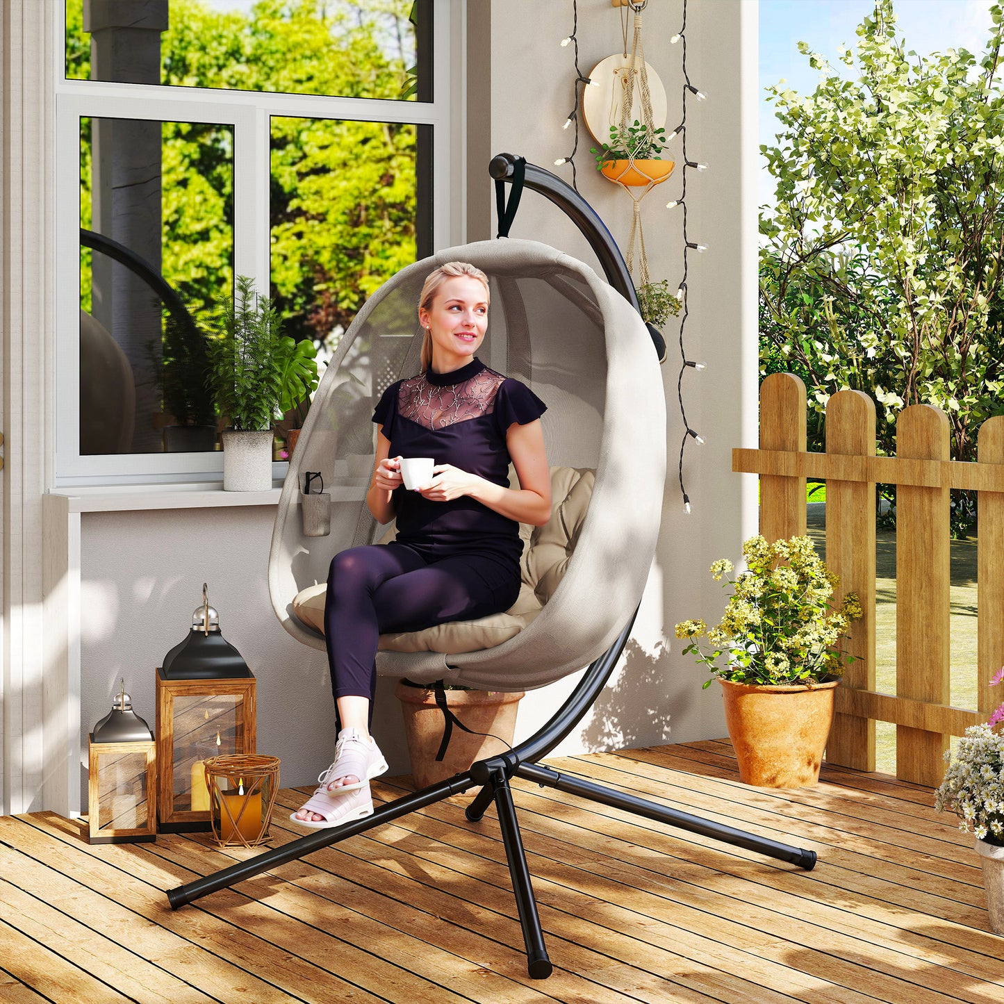 Verona Hanging Egg Chair, Folding Texteline Swing Hammock with Side Pocket, Cushion and Stand for