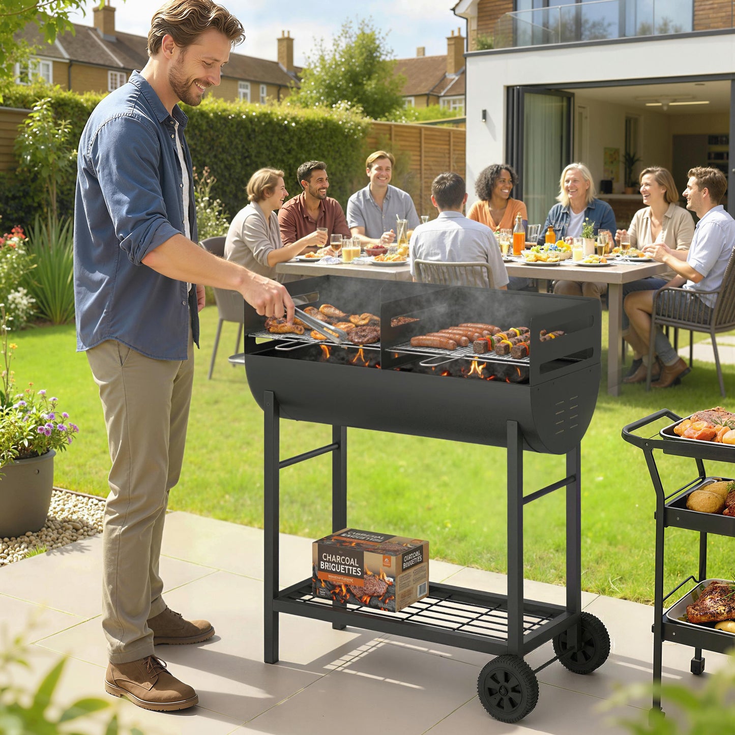 Charcoal BBQ with 2 Cooking Areas, Portable BBQ Trolley with Wheels, Height Adjustable Grates