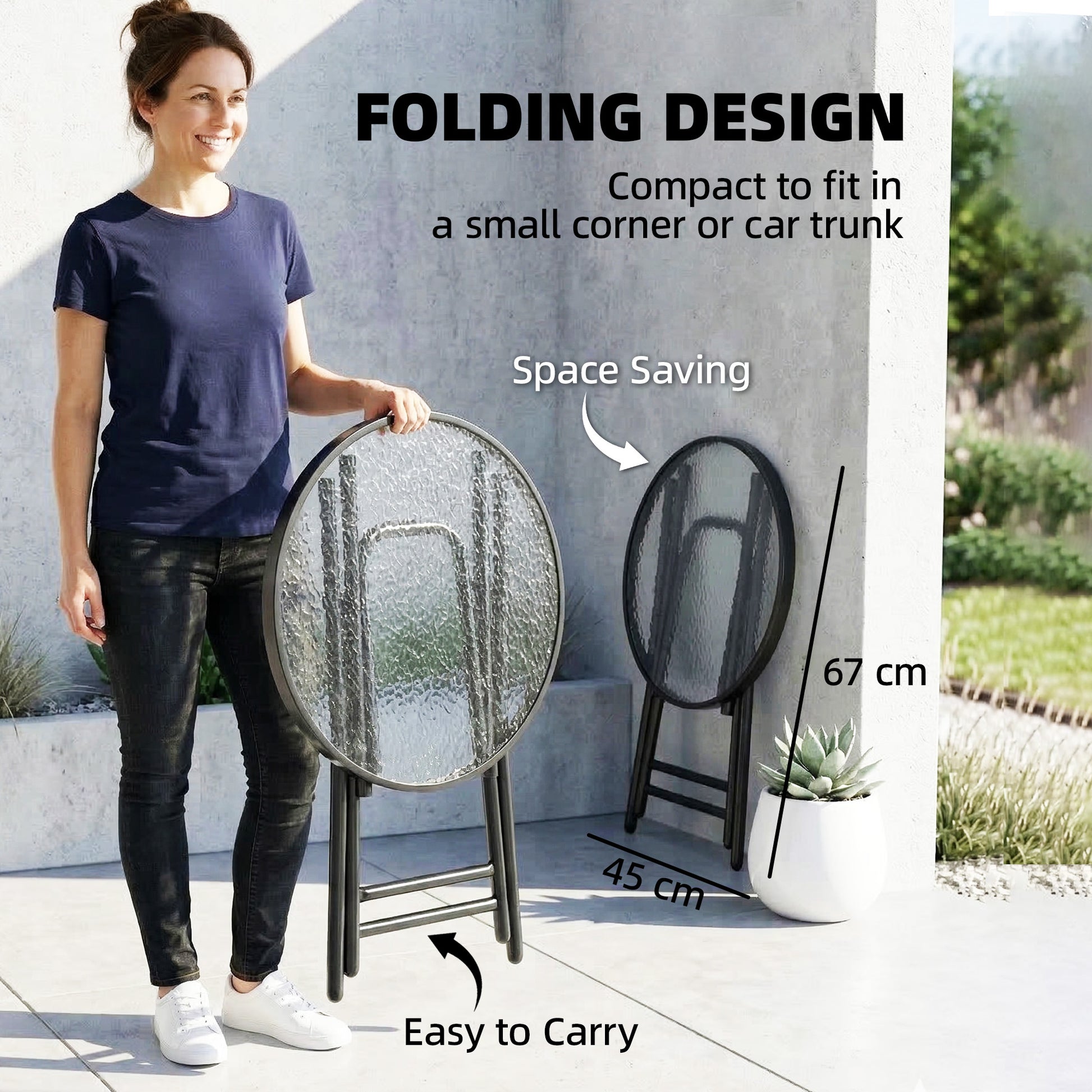 Outsunny Foldable Garden Table, Round Folding Table with Glass Tabletop and Safety Buckle for Patio, Garden, Outdoor, Indoor, Black