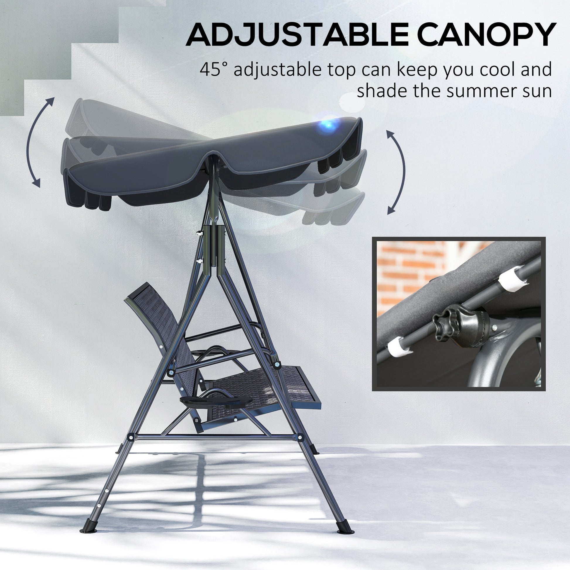 Outsunny 3 Seater Swing Chair, Garden Swing Seat Bench with Adjustable Canopy, Rattan Seat and Steel Frame for Patio, Yard, Grey