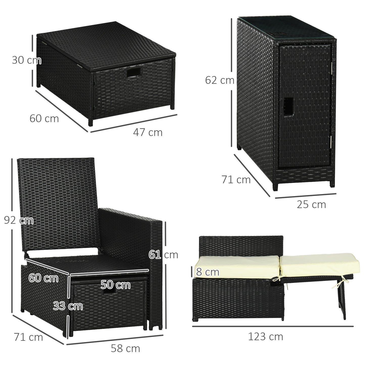 Outsunny 5PC PE Rattan Sun Lounger, 5-level Adjustable Recliner Sofa Bed with Storage Side Table and Footstools, Black