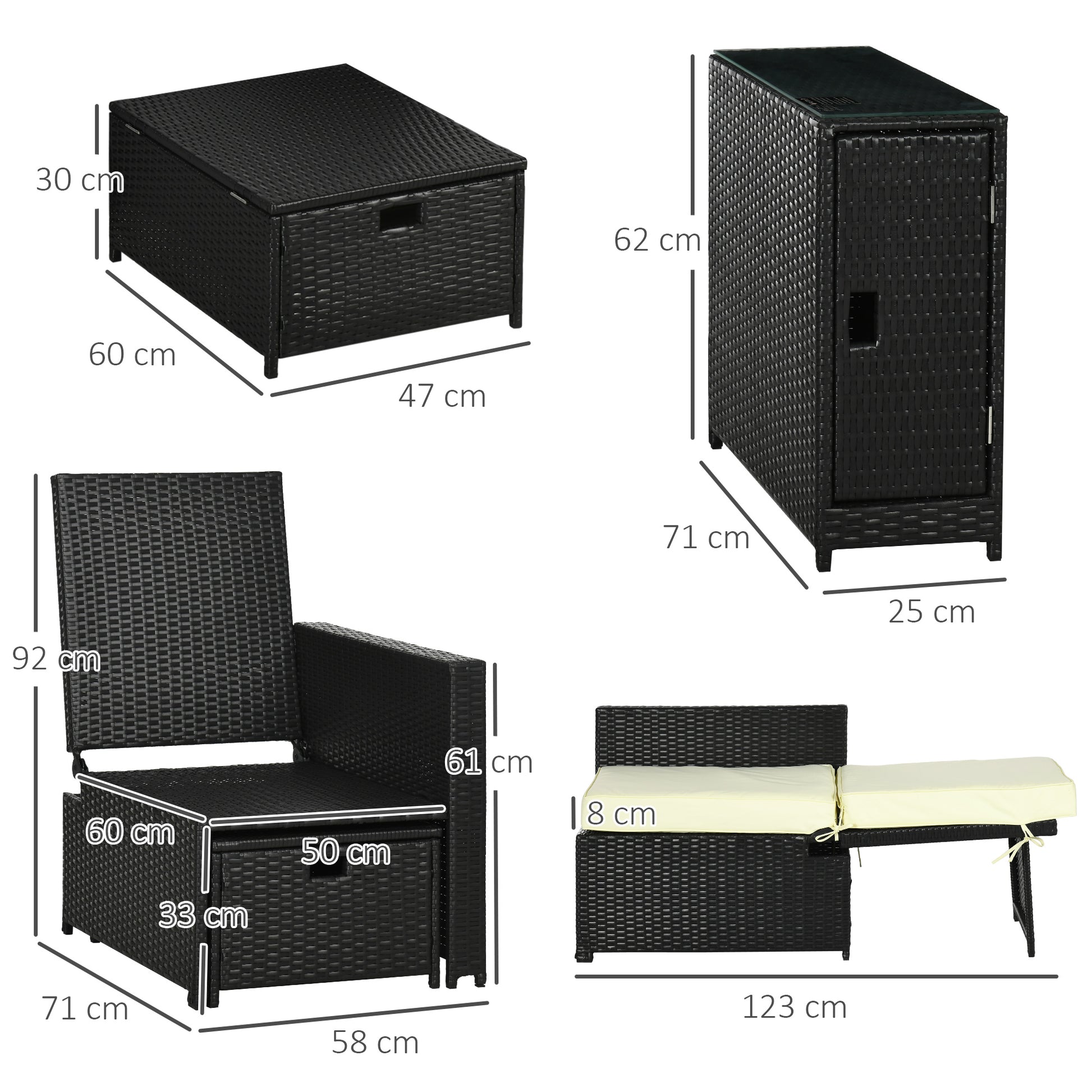 Outsunny 5PC PE Rattan Sun Lounger, 5-level Adjustable Recliner Sofa Bed with Storage Side Table and Footstools, Black