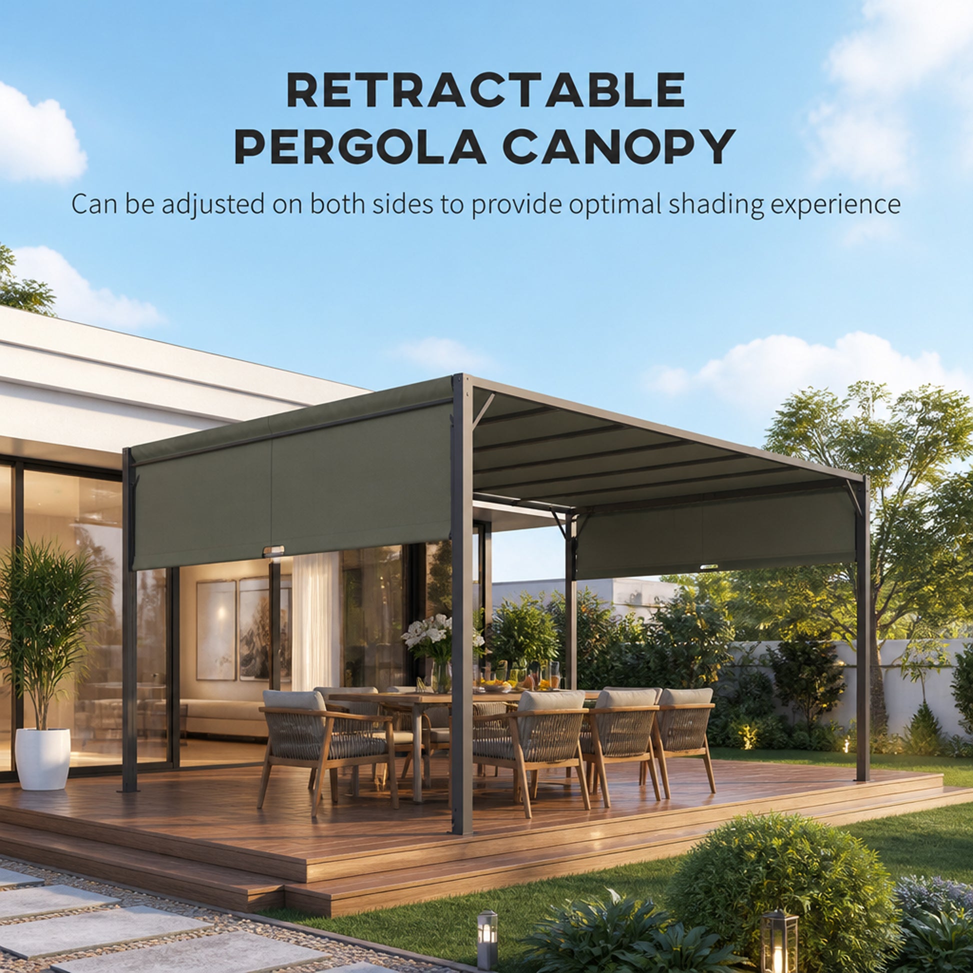 Outsunny 3 X 3 Meters Pergola with Sliding Roof, Garden Gazebo with Adjustable Sun Shade Canopy and Steel Frame, Charcoal Grey
