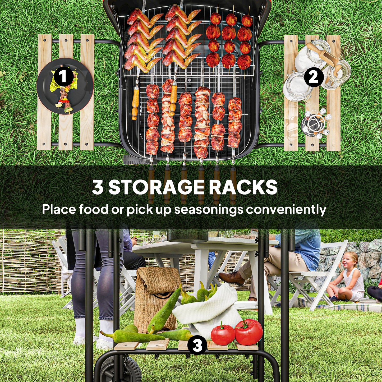 Outsunny Charcoal Barbecue Grill Portable BBQ Grill with 1840 cm² Cooking Area, 3 Shelves, Adjustable Vent, Lockable Lid, Wheels for Outdoor Cooking, Garden Party, Red