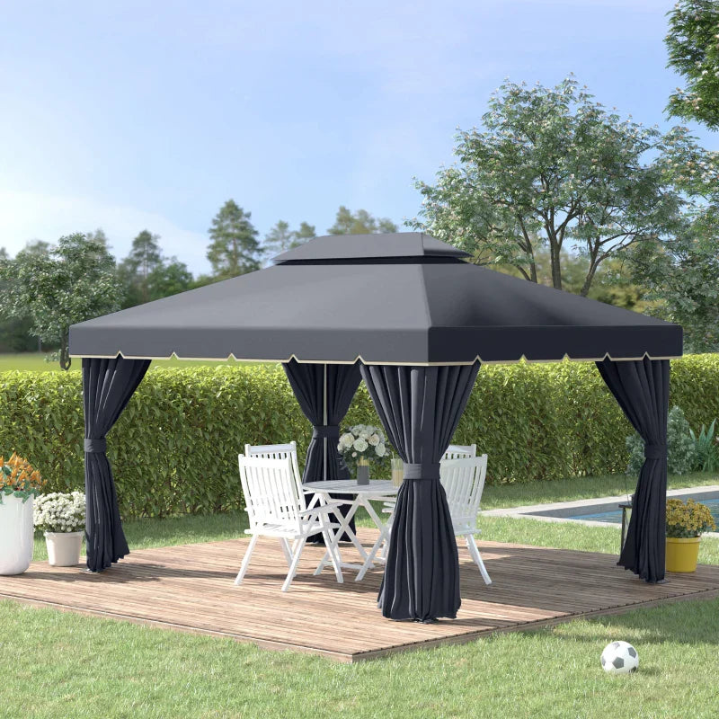 Black 3m x 4m Aluminium Gazebo – Outdoor Garden Pavilion with Double Tier Roof, Curtains and Insect Netting