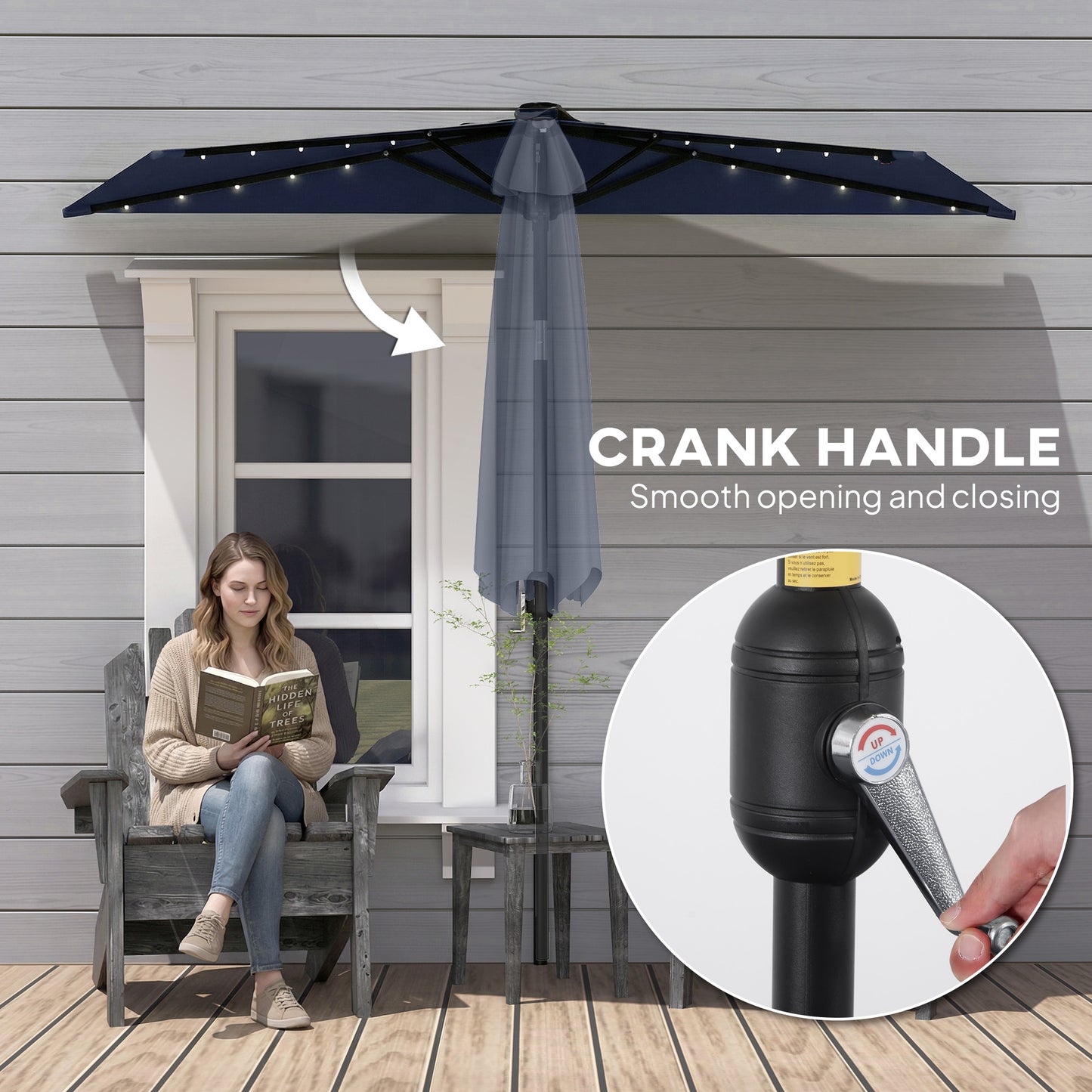 Outsunny 2.6 m Half Garden Parasol with Solar LED Lights, UPF50+ Semi Round Umbrella with 30° Tilt, Crank Handle, Dark Blue