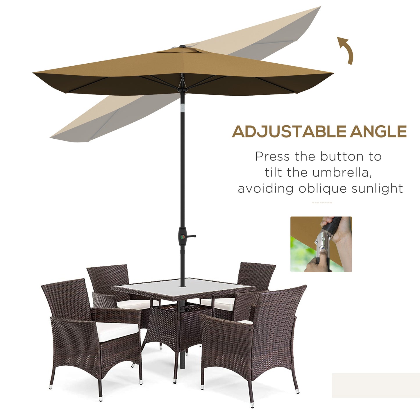 Outsunny 3 x 2 m Garden Parasol Umbrella with Aluminium Pole, UPF 50+ Rectangular Outdoor Table Parasol Sun Shade with Crank & Push Button Tilt, Metal Ribs, Brown