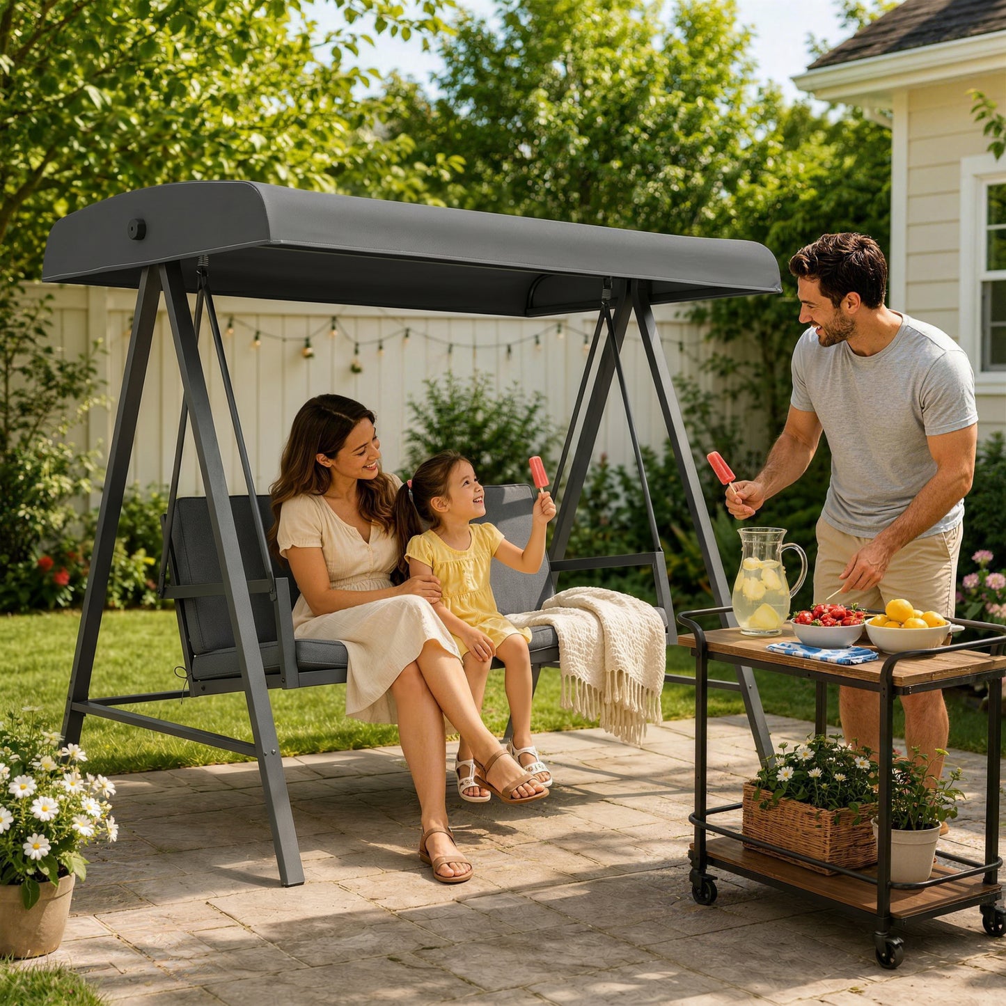 Tivoli Three-Seat Garden Swing Chair, with Adjustable Canopy - Dark Grey