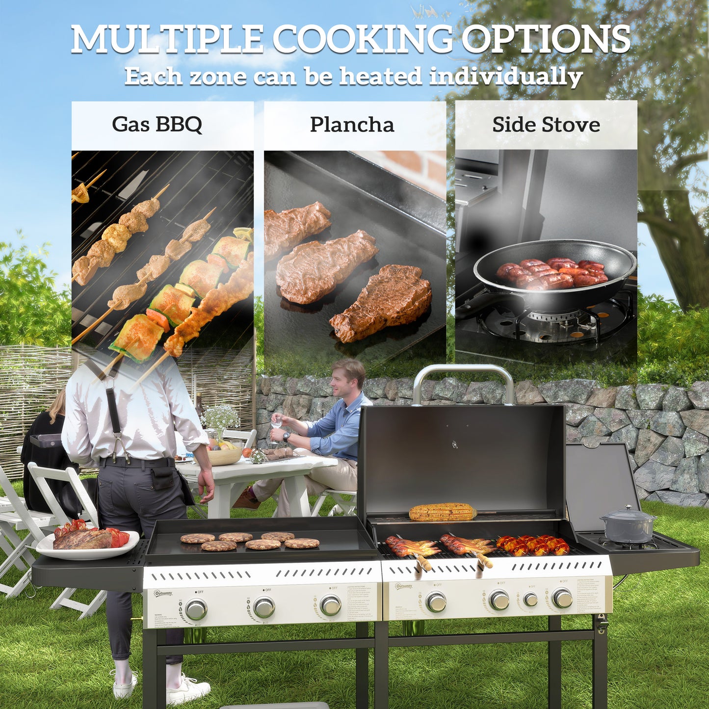 Outsunny 17kW Deluxe Duo Gas BBQ, with Grill, Plancha and Side Burner - Black
