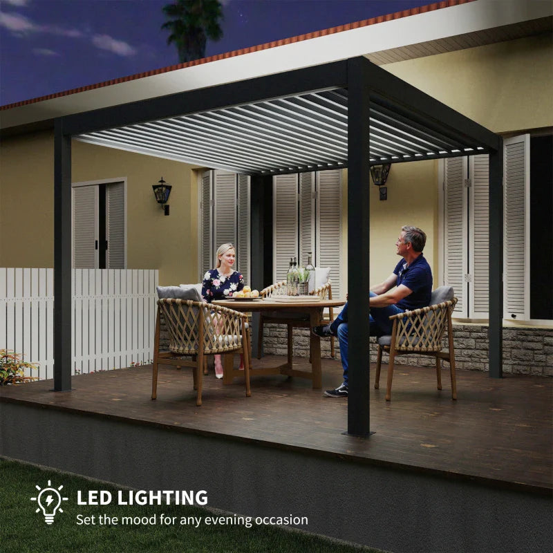 3m x 3m Dark Grey Motorised Aluminium Pergola with Remote – Controlled Louvered Roof, LED Lighting & Integrated Rainwater Drainage System
