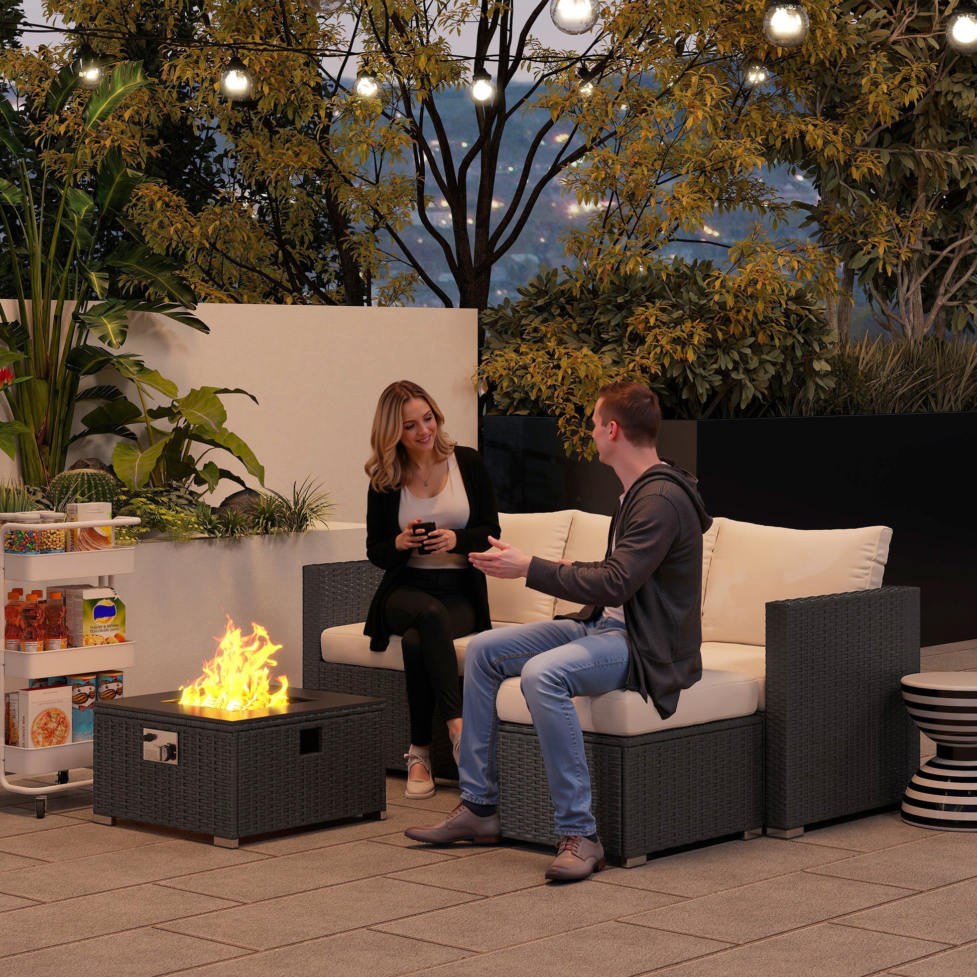 Ibiza Five Piece Rattan Garden Furniture Set with Gas Fire Pit Table and Footstool - Black and Cream White