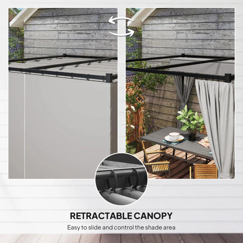 Light Grey 3m x 3m Retractable Roof Pergola Canopy – Outdoor Patio Shelter with Curtains, Metal Frame & Secure Fixing Kit