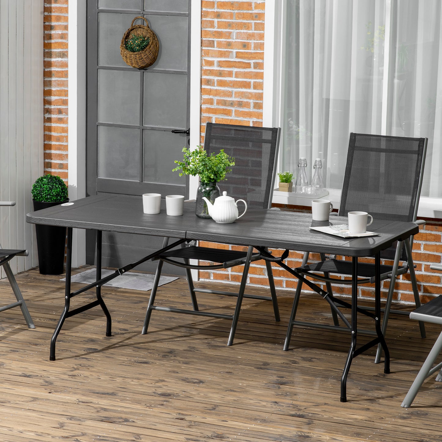 Folding Garden Dining Table for 6, Rectangular Garden Dining Table with HDPE Tabletop, Foldable Garden Table with Steel Frame for Balcony,