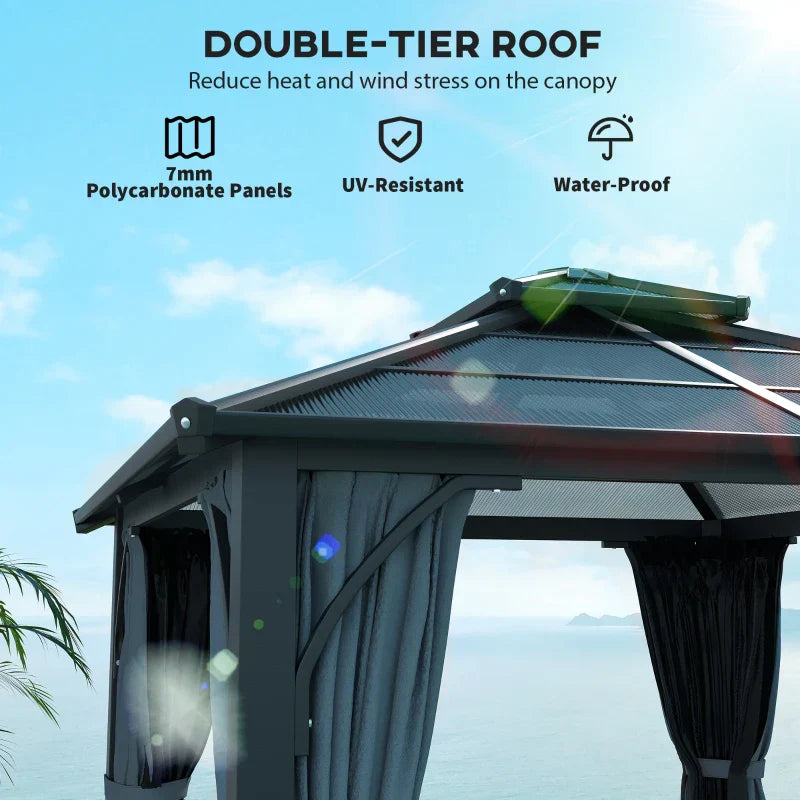 3x3m Brown Polycarbonate Hardtop Gazebo Garden Pavilion – Heavy Duty Metal Frame Shelter with Curtains & Mosquito Netting