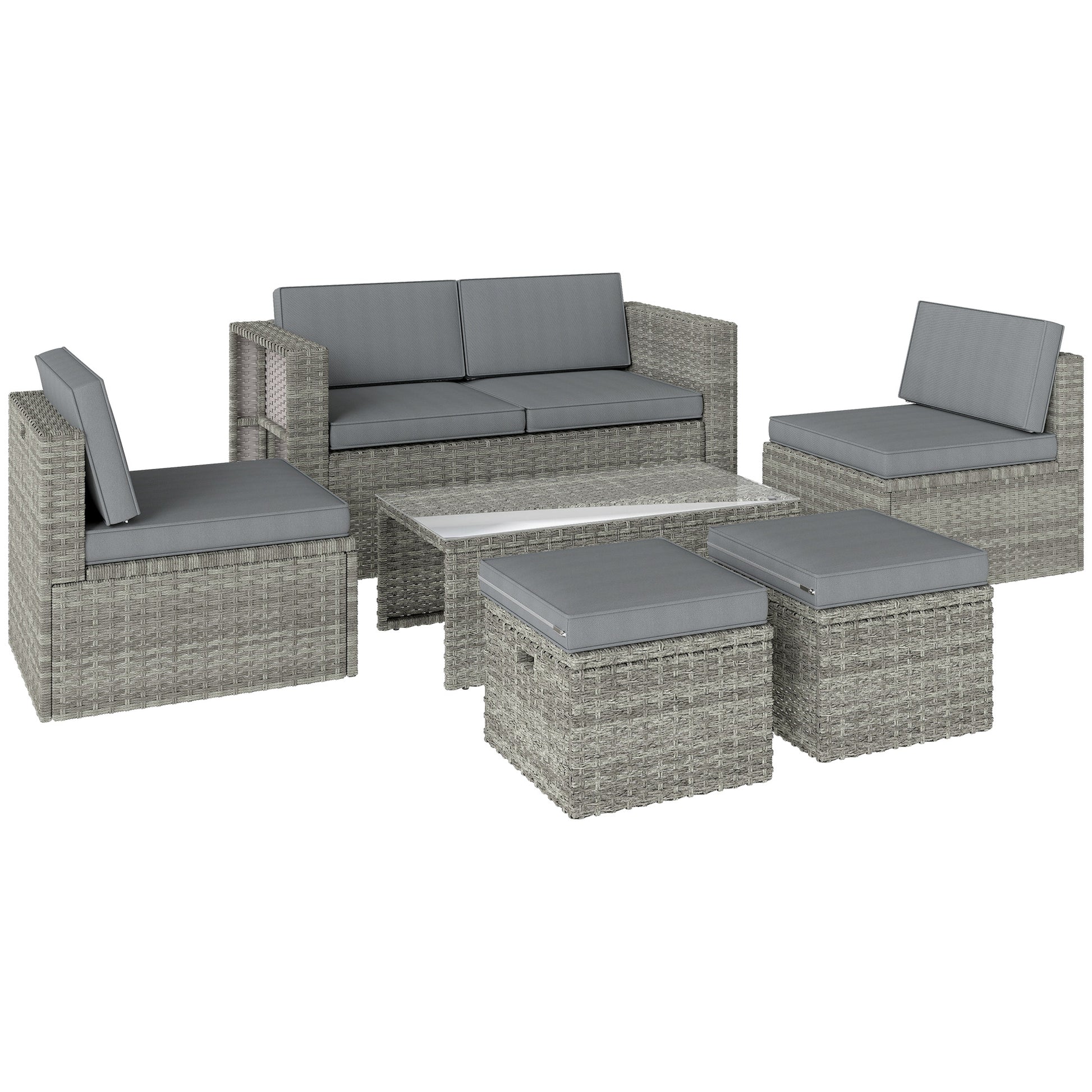 Outsunny 6 Piece Rattan Garden Furniture Set Loveseat, Chairs, Table, Footstools, Dark Grey