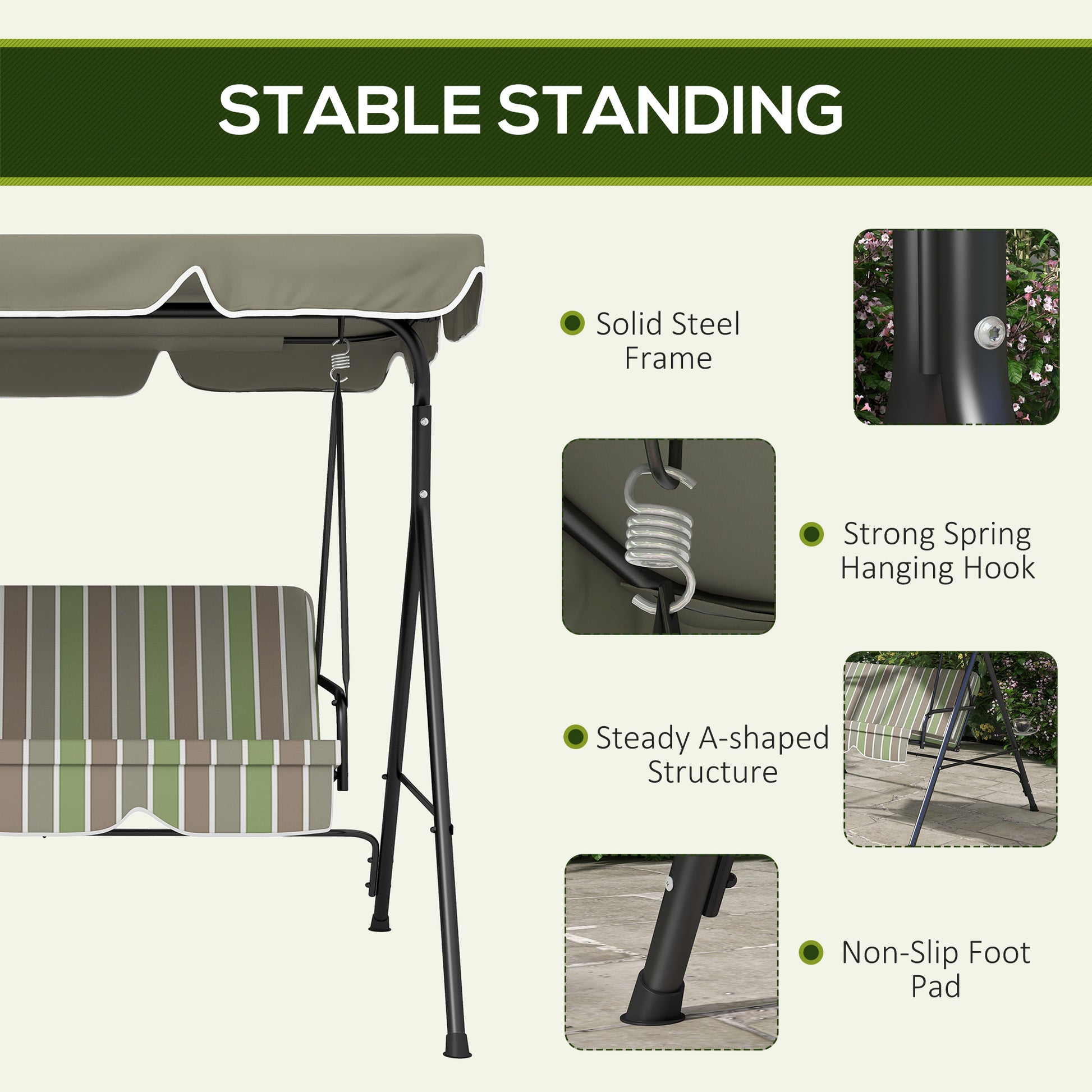 Outsunny Three-Seater Garden Swing Chair, with Adjustable Canopy - Green