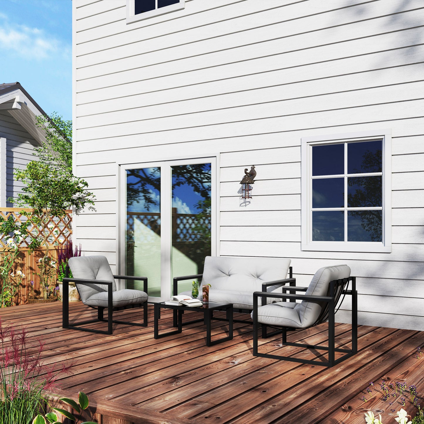 Mediterraneo Garden Furniture Set, 4 Piece Conservatory with Loveseat Sofa, Armchairs, Glass Top Coffee Table