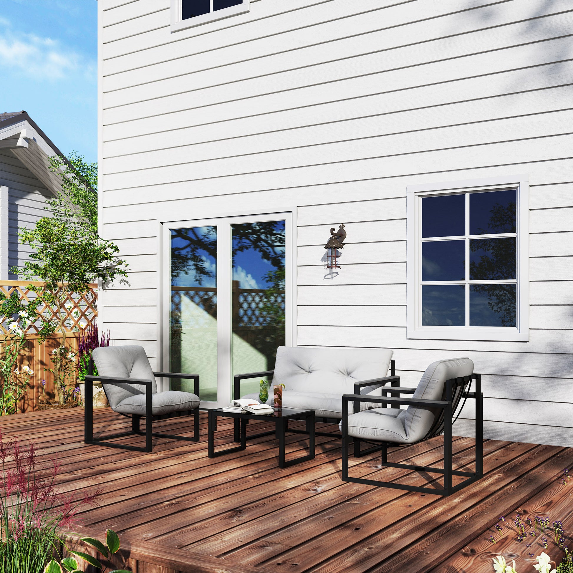 Mediterraneo Garden Furniture Set, 4 Piece Conservatory with Loveseat Sofa, Armchairs, Glass Top Coffee Table
