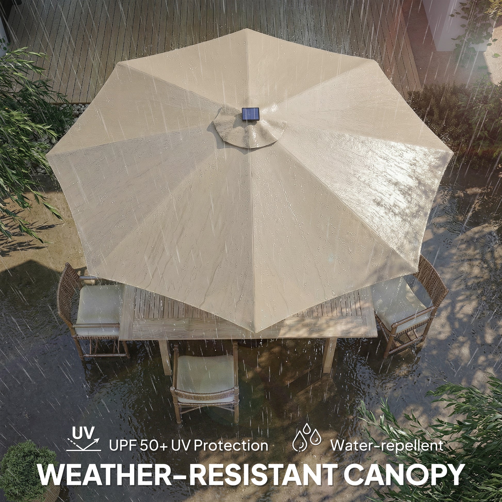 Outsunny 3 m Garden Parasol Umbrella with 112 Solar Powered LED Lights, Patio Umbrella with Crank Handle, Beige