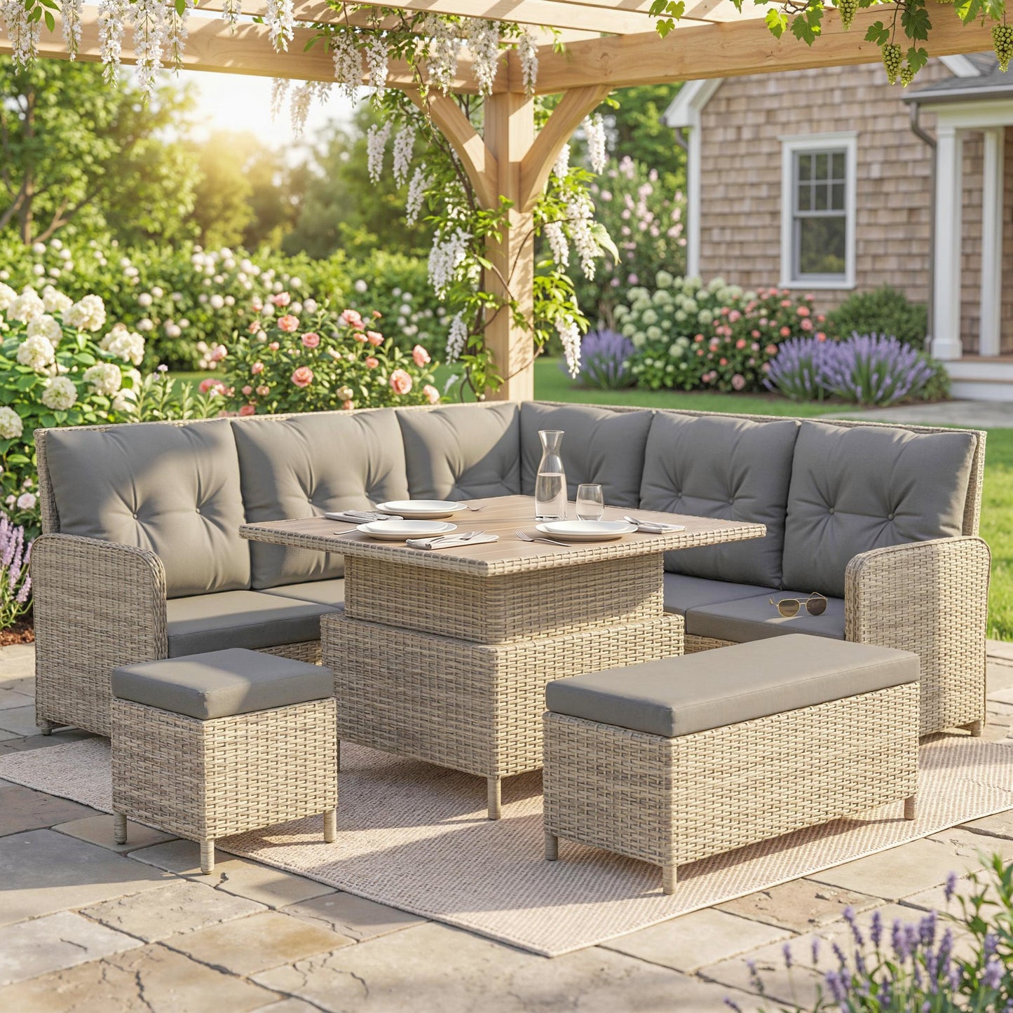 Outsunny 7 Seater Rattan Garden Furniture Set, 6 Piece Patio Dining Set with Liftable Coffee Table and Soft Padded Cushion, Wicker Sectional Conversation Corner Sofa, 123 x 55 x 84 cm, Light Grey