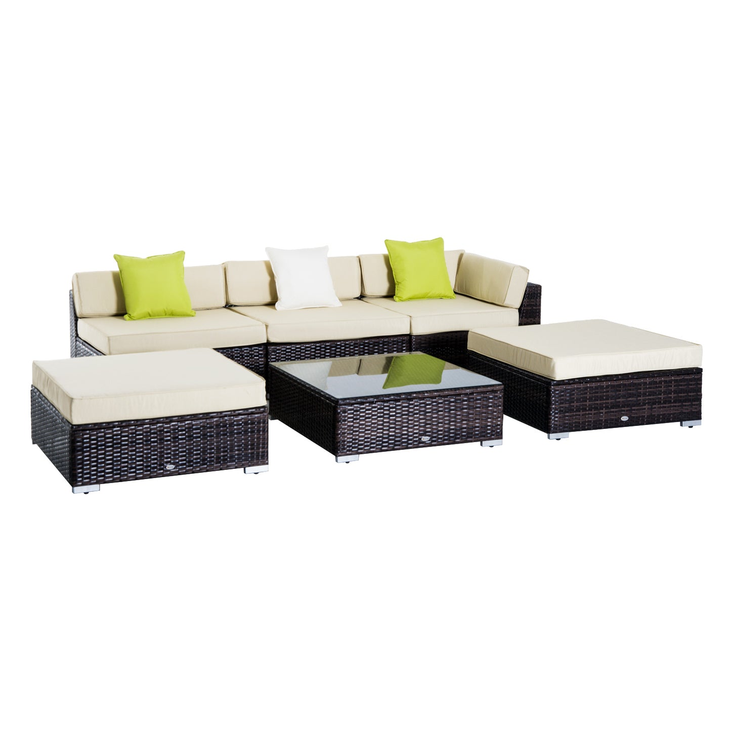 Outsunny 6 PC Rattan Sofa Coffee Table Set, Sectional Wicker Weave Furniture for Garden Outdoor Conservatory with Pillow Cushion, Brown