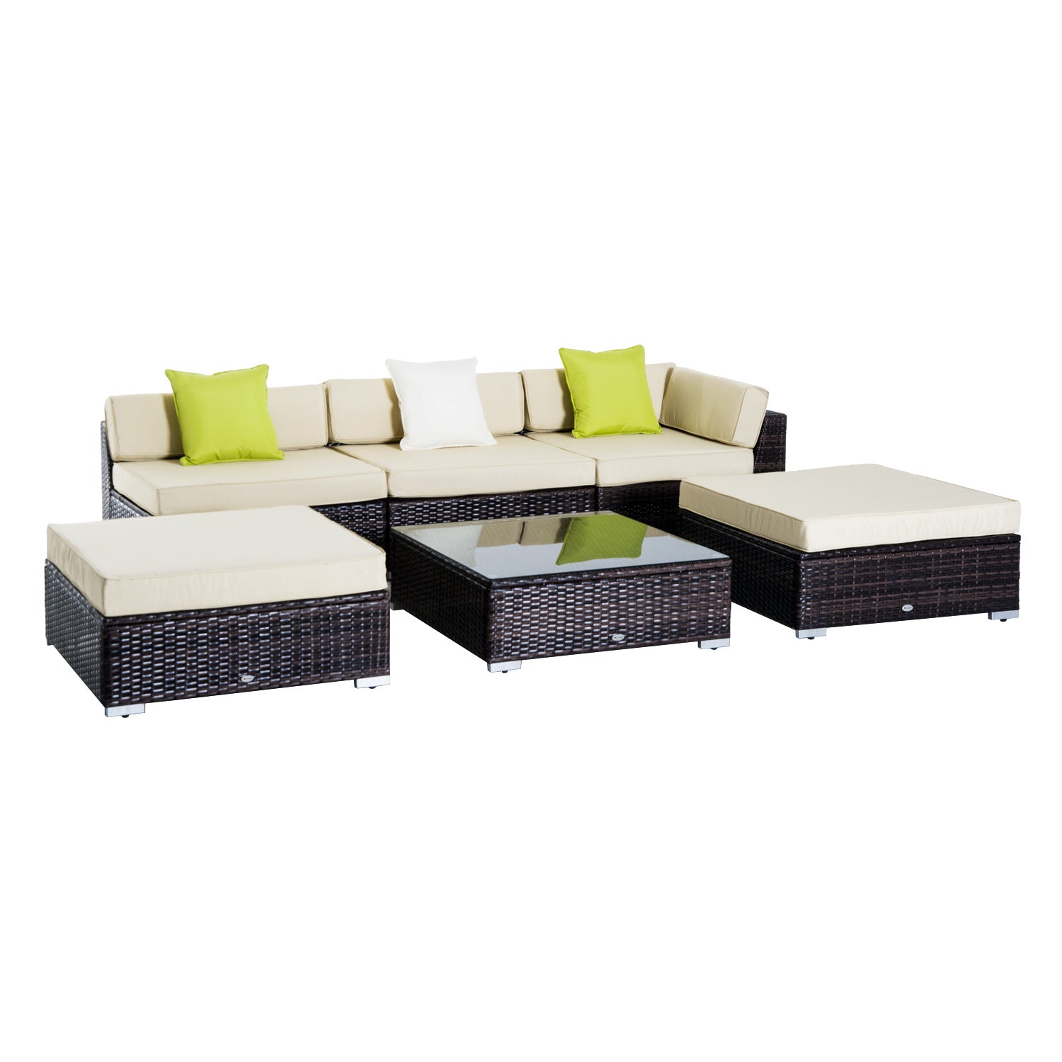 Outsunny 6 PC Rattan Sofa Coffee Table Set, Sectional Wicker Weave Furniture for Garden Outdoor Conservatory with Pillow Cushion, Brown