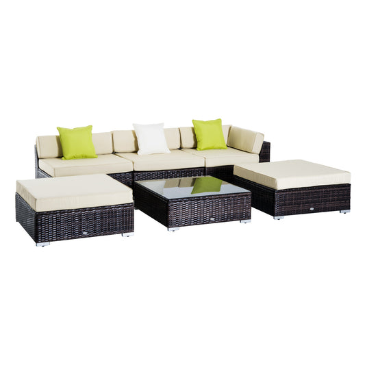 Outsunny 6 PC Rattan Sofa Coffee Table Set, Sectional Wicker Weave Furniture for Garden Outdoor Conservatory with Pillow Cushion, Brown